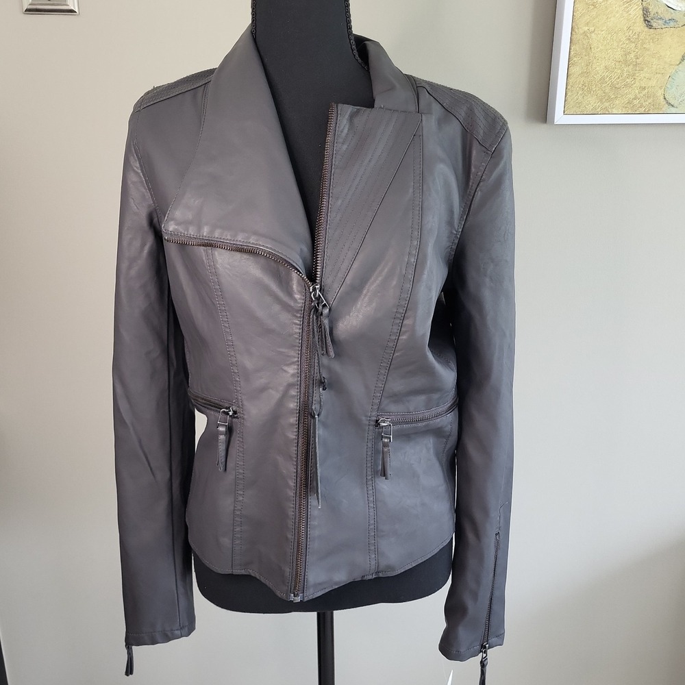 BLANKNYC Women's Medium Faux Leather Moto Jacket Charcoal Asymmetrical Zip NWT‎